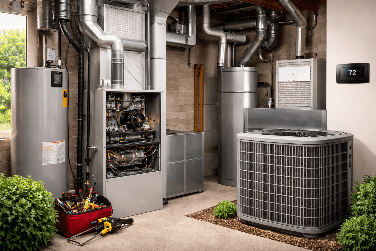 Residential HVAC system components including furnace, air handler, and condenser